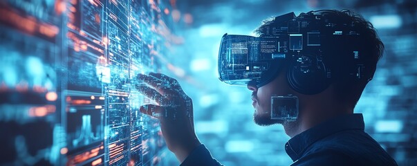Aufkleber - 3D VR Interface Businessman Exploring Digital Content, Streaming Media, Social Networking, eCommerce in Cyberspace
