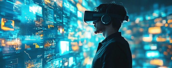 Aufkleber - 3D VR Interface Businessman Exploring Digital Content, Streaming Media, Social Networking, eCommerce in Cyberspace