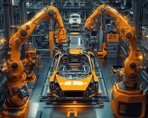 Poster - Aerial Flyover of AIDriven Factory Robotic Arms Autonomously Assembling Car Frames, Precision Manufacturing of Electric Vehicles
