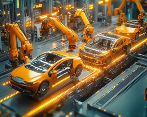 Aufkleber - Aerial Flyover of AIDriven Factory Robotic Arms Autonomously Assembling Car Frames, Precision Manufacturing of Electric Vehicles