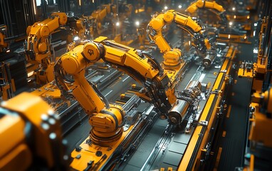 Poster - Aerial View of Autonomous Factory Robotic Arms Assembling Electric Vehicle Frames, AI Precision Manufacturing, Cinematic Camera Angle