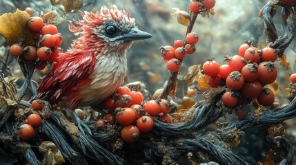 Sticker - A vibrant bird perched among red berries and foliage.