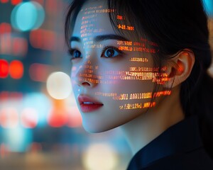 Aufkleber - Asian Female Digital Entrepreneur Working on Computer Code Reflected on Face, Developing eCommerce App Using AI and Big Data