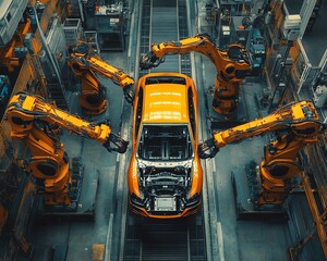 Poster - Autonomous Factory Aerial View Robotic Arms Assembling Car Frames with AI Precision, Electric Vehicle Production, Cinematic Camera Perspective