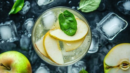 Poster -   A macro shot featuring an apple slice and basil on the edge of a glass filled with ice cubes