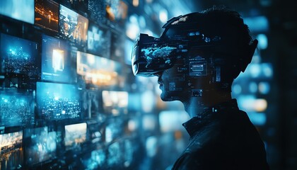 Aufkleber - Businessman in VR Interface Exploring Content Websites, Watching Streaming Services, Using Social Media, eCommerce in Cyberspace