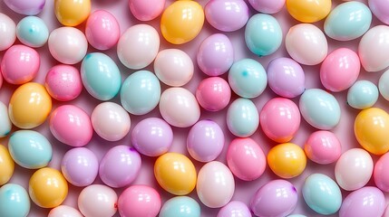 Wall Mural -   A collection of pastel-colored chocolate eggs on a pink and blue backdrop, surrounded by white and yellow eggs in the center