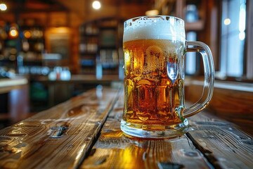 large mug of beer sits on a wooden table in a cozy bar with a blurred background