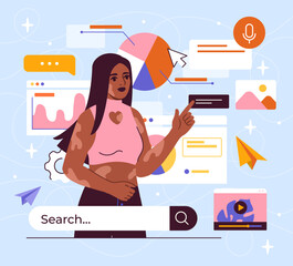 Analysis of graphs. Woman with diagrams and charts. Statistics and infographics. Financial and marketing research. Dashboard and information visualization. Flat vector illustration