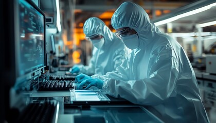 Aufkleber - Electronics Factory Semiconductor Process Two SterileSuited Technicians Taking Out Silicon Wafer, Advanced Manufacturing Setting