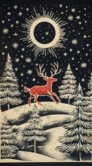 Poster - Santa clause riding reindeer at night christmas drawing nature.