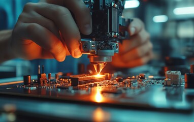 Aufkleber - Engineers Working on Jet Printer Soldering and Checking for Computer Hardware Production, HighTech Workshop