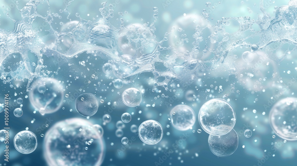 This image features bubbles floating in clear blue water, with light ...