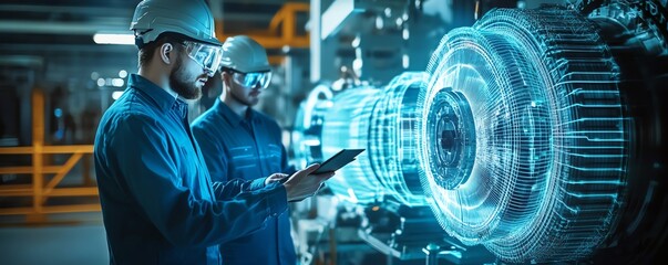 Poster - Factory Digitalization Scene Two Industrial Engineers with Tablet Visualizing 3D Model of Green Energy Engine, Advanced Electronics Facility