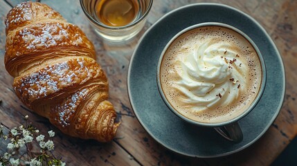 Wall Mural -   A croissant and a cup of coffee rest on a table beside a croissant and a glass of beer