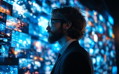 Aufkleber - Immersive 3D VR World Businessman Browsing Content, Streaming Media, Using Social Media, eCommerce in Cyberspace