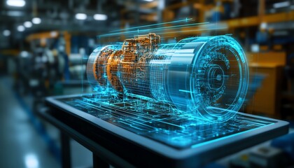 Fototapete - Industrial Engineers in Electronics Facility Tablet Computer Visualization of 3D Clean Green Energy Engine, Industry 40 Digital Factory