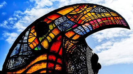 Poster - Colorful Abstract Stained Glass Sculpture Against Blue Sky