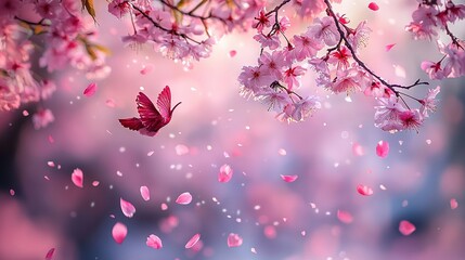 Poster -   A close-up of a tree adorned with an abundance of pink blossoms, alongside a flying butterfly in the vicinity