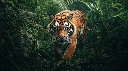 Canvas Print -   A tiger walks through a jungle of tall trees, surrounded by a sea of green foliage Leaves rustle beneath its feet, blending seamlessly into the ground below