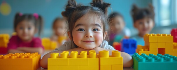 Portrait of Adorable Stylish Children Playing Together in Kids Room at Shopping Mall Talented Multiethnic Kids with Colorful Construction Block Toys, Daycare Fun