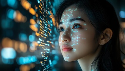 Aufkleber - Portrait of Asian Female Startup Digital Entrepreneur Working on Computer Line of Code Projected on Face