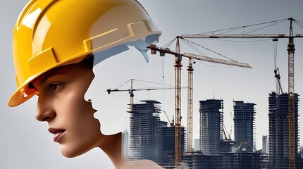 Portrait of a young construction worker woman with safety helmet letting see city buildings under construction on white background with copy space (2)