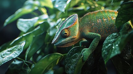 Poster -   A chamelon resting on a leafy branch, surrounded by water droplets