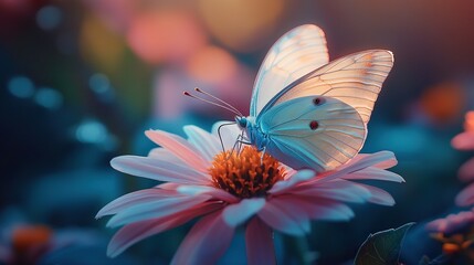 Poster -   A white butterfly perched atop a pink blossom, adjacent to a dual-colored bloom with a hazy backdrop