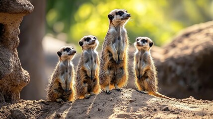 Poster -   Three meerkats perched atop a dirt mound beside a heap of dirt