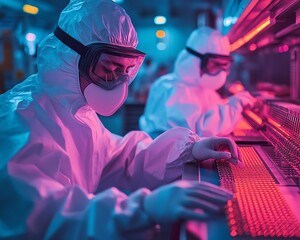 Aufkleber - Silicon Wafer Removal at Electronics Factory Two Technicians in Sterile Suits During Semiconductor Production, Cleanroom Atmosphere