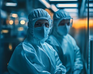 Aufkleber - Silicon Wafer Removal at Electronics Factory Two Technicians in Sterile Suits During Semiconductor Production, Cleanroom Atmosphere