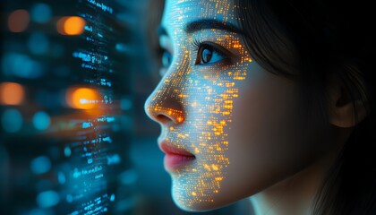 Aufkleber - Software Developer Portrait Asian Female Startup Entrepreneur with Code Projected on Face, Innovating eCommerce App with AI and Big Data