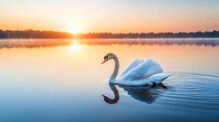 Poster -   A swan gracefully glides through the lake at sunset or dawn, with the golden rays of sunlight shimmering off the water and casting a warm glow on the surrounding trees