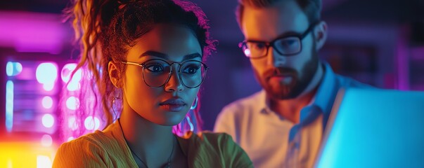 Poster - Tech Facility Data Center Multiethnic Female System Administrator and Caucasian Male IT Engineer Collaborating and Brainstorming with Laptop