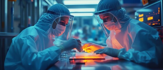 Aufkleber - TechFocused Semiconductor Production Two SterileSuited Technicians Extracting Silicon Wafer, Electronics Factory Setting
