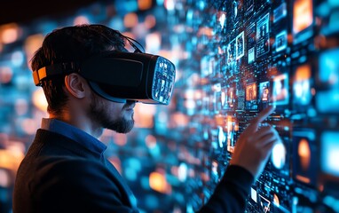 Aufkleber - Virtual Reality Businessman in 3D Cyberspace Browsing Websites, Streaming Videos, Engaging in Social Media, eBusiness Operations