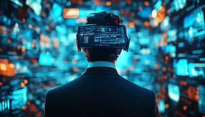 Leinwandbilder - Virtual Reality Interface Concept Businessman in 3D Cyberspace World Browsing Content Websites, Watching Streaming Services, Using Social Media, Engaging in eCommerce eBusiness