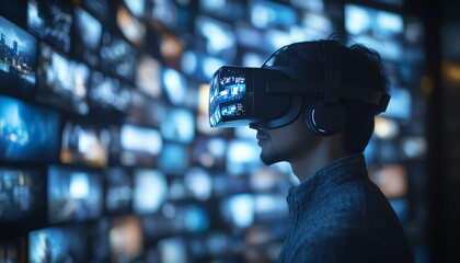 Aufkleber - Virtual Reality Interface Concept Businessman in 3D Cyberspace World Browsing Content Websites, Watching Streaming Services, Using Social Media, Engaging in eCommerce eBusiness