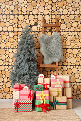 Poster - Interior of living room with Christmas tree, presents and ladder