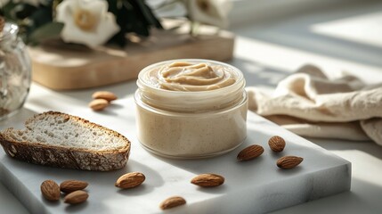 Canvas Print -   Jar of peanut butter on table with slice of bread and almonds