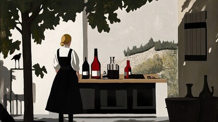 Canvas Print - Woman Standing by a Table with Wine Bottles in a Rural Landscape