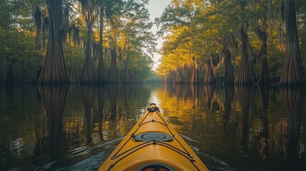 Wall Mural - A kayak gliding through a serene, tree-lined waterway at sunset.