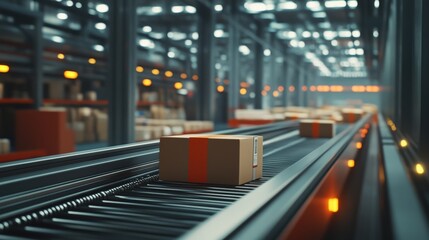 Poster - The conveyor belt is actively moving freshly packaged boxes through a well-lit warehouse, highlighting the efficient processing of goods. Workers manage the flow