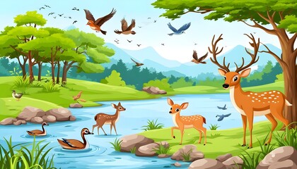 Sticker - Whimsical forest scene featuring cartoon deer and birds beside a riverbank amidst lush greenery