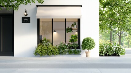 Wall Mural - A white building with a black door and a sign on the door that says 