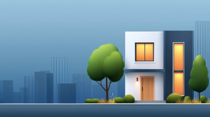 Poster - A house with a tree in front of it and a city in the background