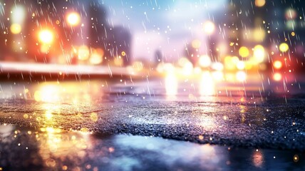 Canvas Print - A rainy city street with lights reflecting on the wet pavement