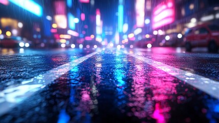 Canvas Print - A city street with cars and a neon sign in the background