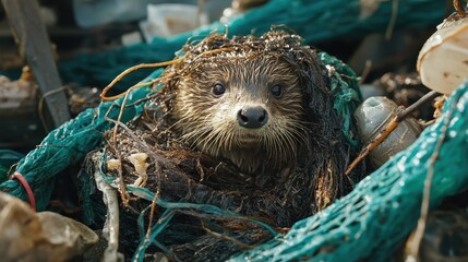 Curious Otter Peeking Through Fishing Nets